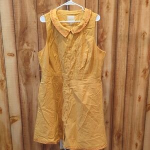 Modcloth yellow gold pleated bodice sleeveless shirt dress Orange rick rack trim